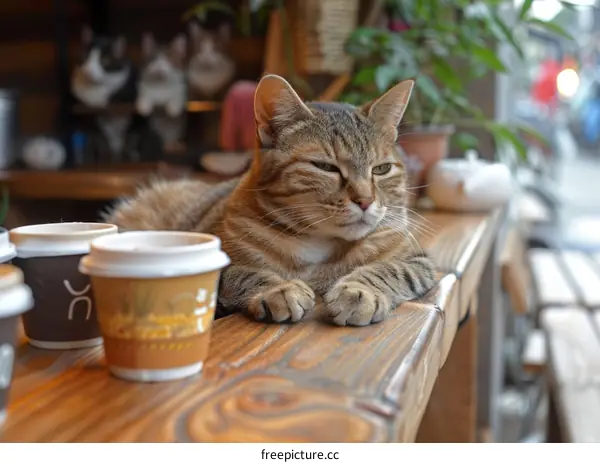 Tabby Cat Relaxing on Cafe Counter
