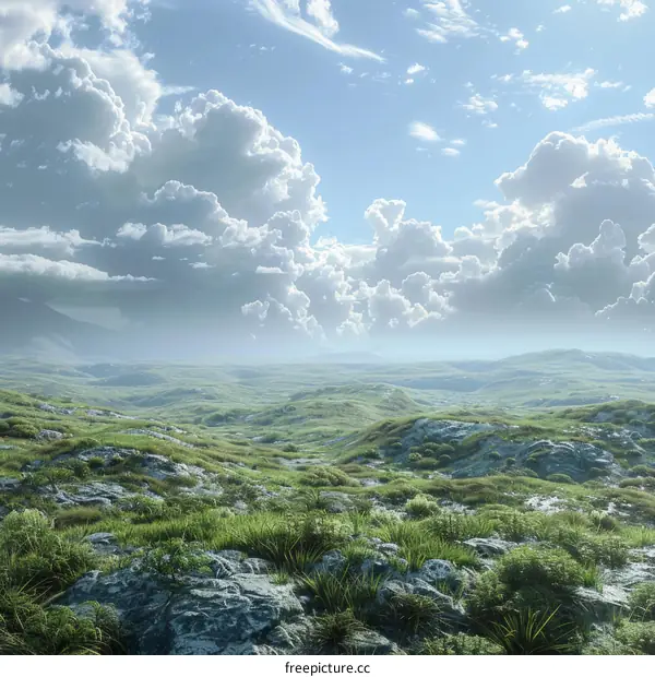 Epic Fantasy Landscape with Verdant Hills and Majestic Sky