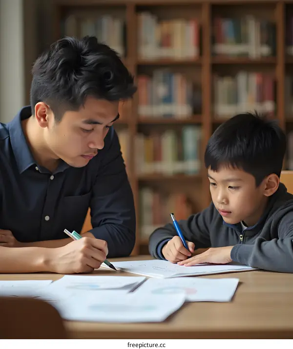Asian Father and Son Studying in Library