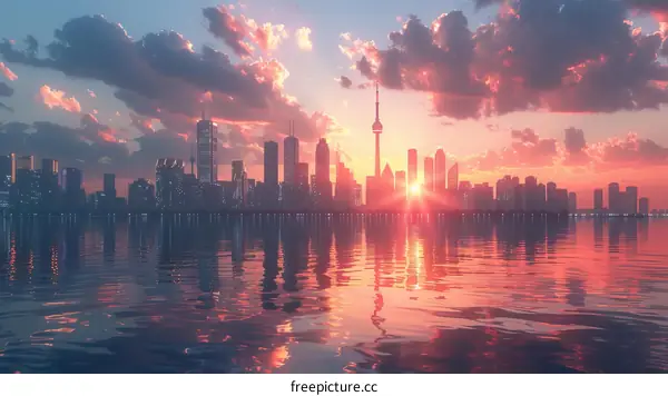Sunrise over a Futuristic City Skyline