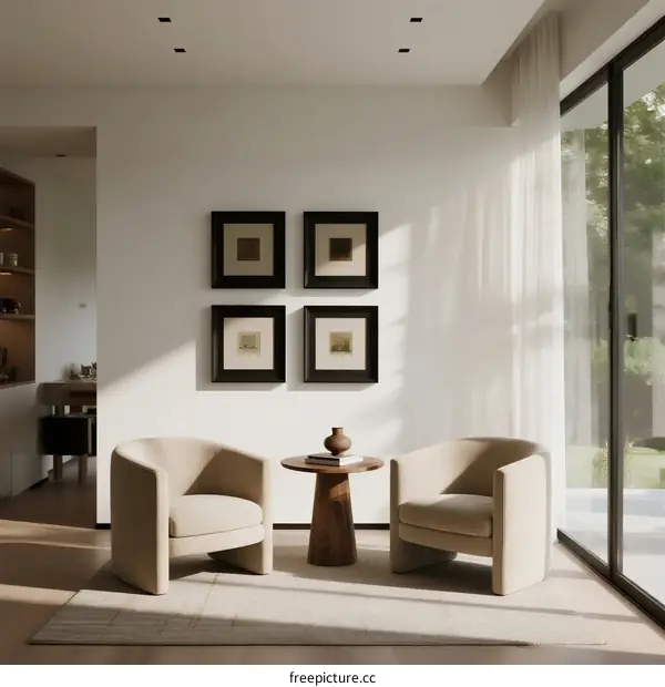 Modern living room with armchairs and framed art on white wall