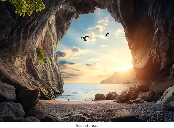 Sea View From Inside A Cave At Sunset