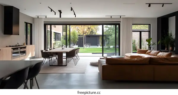 Modern Minimalist Living Room with Sliding Glass Doors Leading to Backyard