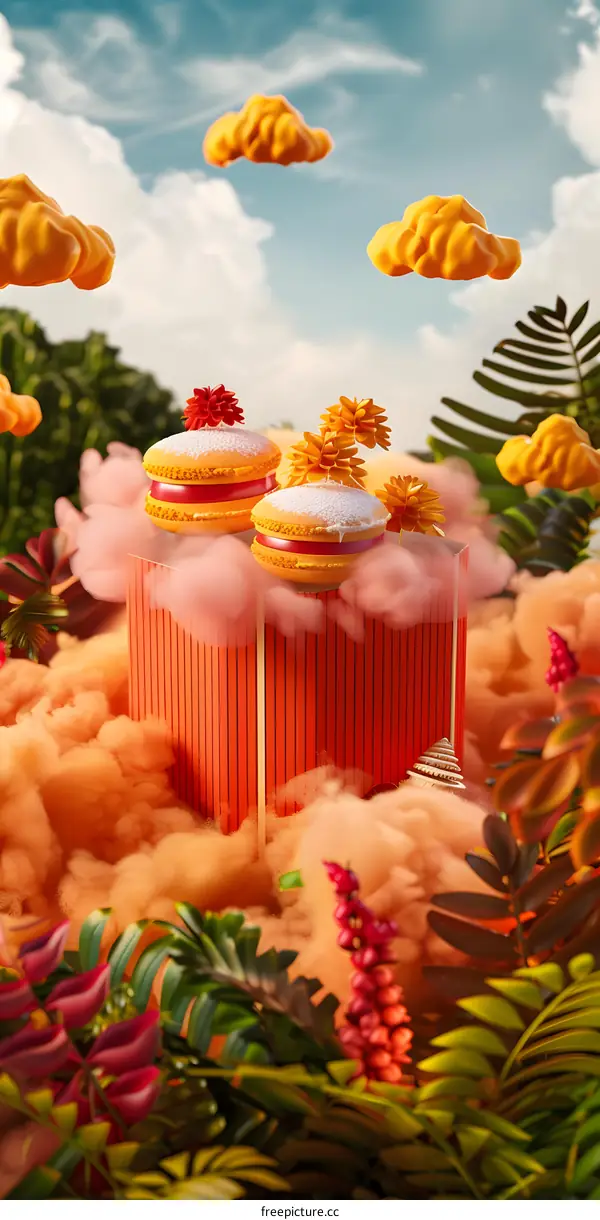 Macarons in the Clouds with Flowers