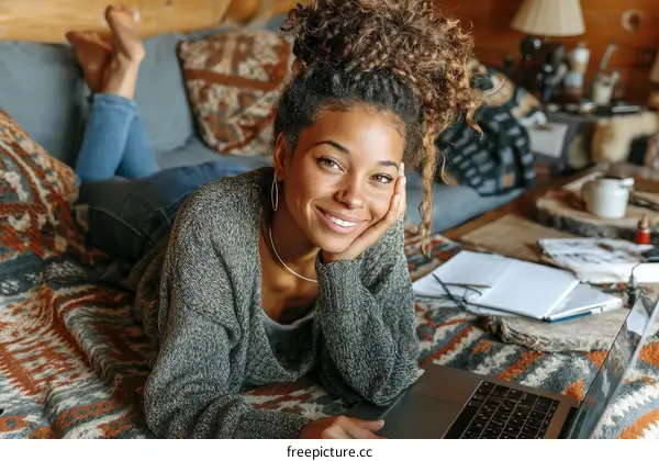 Smiling Young Woman Relaxing on a Bed with Laptop