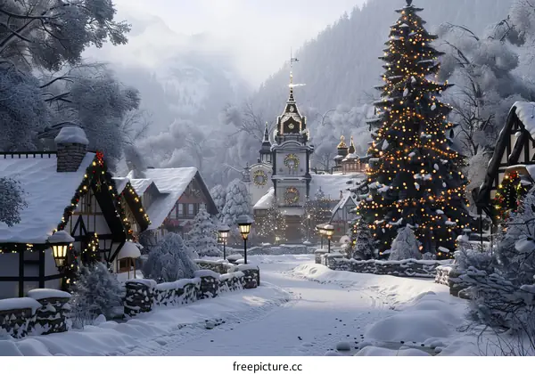 Winter Christmas Village Illustration
