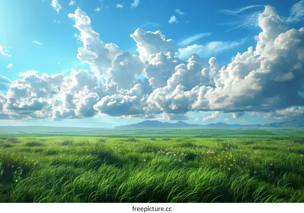 Blue Sky With White Clouds Over Green Grass Field