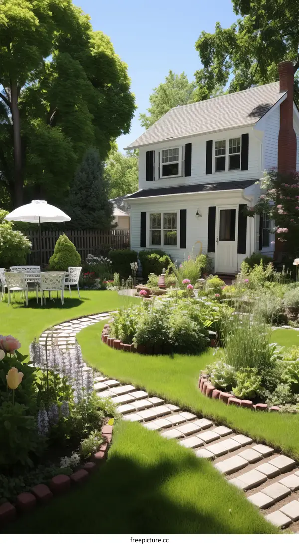 A beautiful garden with a white house