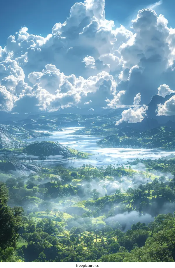 Dreamy Landscape With White Clouds And Lush Green Hills