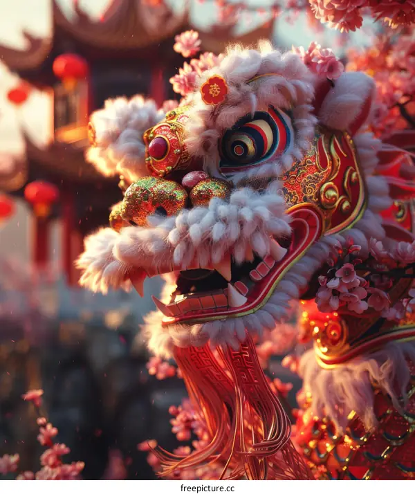 Captivating Chinese Lion Dance Costume Adorned with Delicate Cherry Blossoms