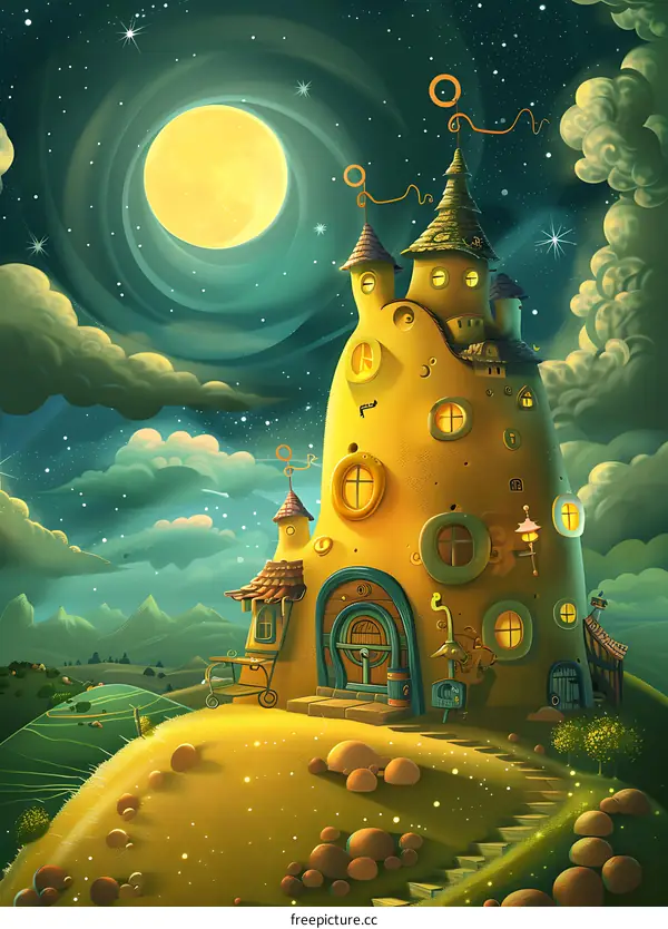 Fantasy Night Sky with a Towering Yellow House