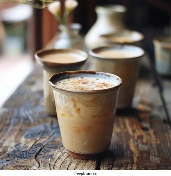 Iced Coffee in Ceramic Mugs on Wooden Table