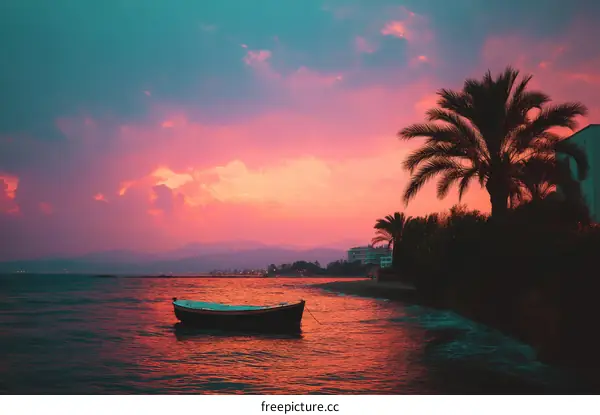 Sunset over the Sea with a Small Boat