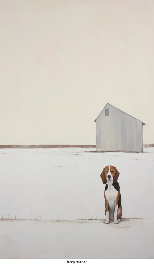 Beagle Sitting in a Snowy Field in Front of a Barn