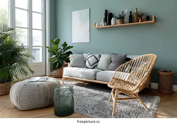 Modern Living Room with Greenery and Wicker Furniture