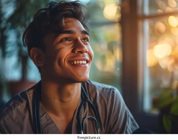 Portrait of a smiling young male doctor or nurse wearing scrubs
