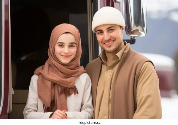 A young Muslim couple standing in front of a truck