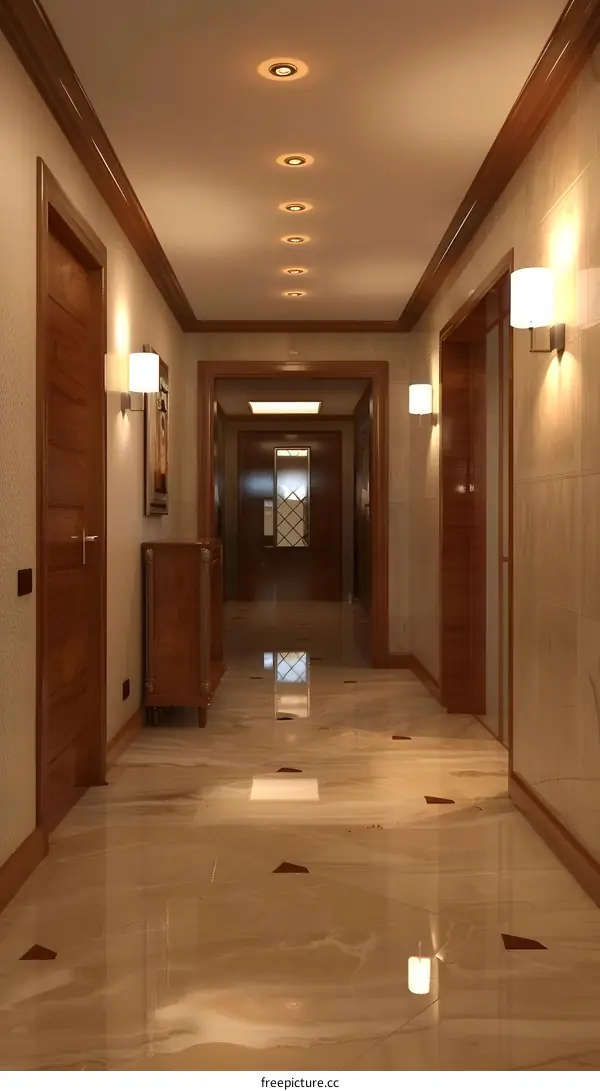 Modern Interior Design Hallway with Wooden Doors and Marble Floor
