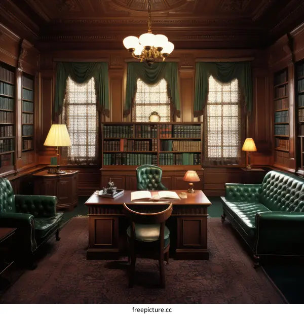 Vintage Luxury Library with Lush Green Leather Furnishings