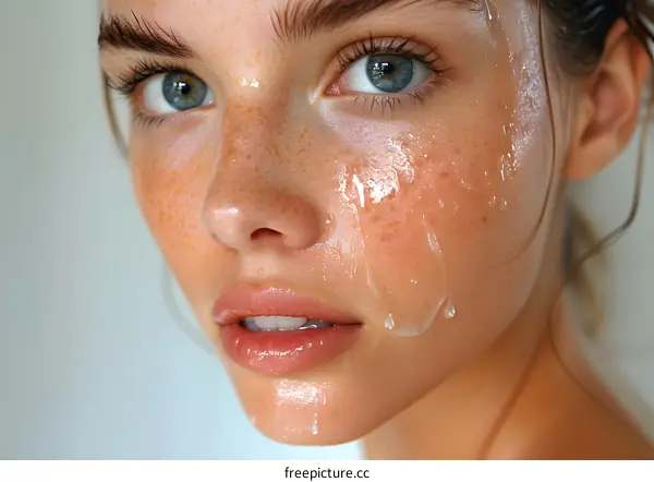 Close up portrait of a young woman with wet face