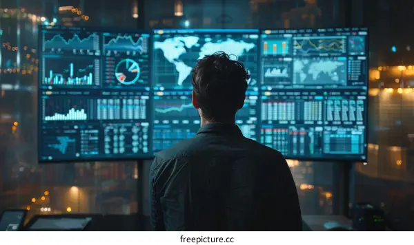 Man looking at multiple computer screens displaying stock market data and graphs