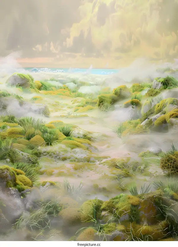 Misty Grassland Landscape with Green and Yellow Moss