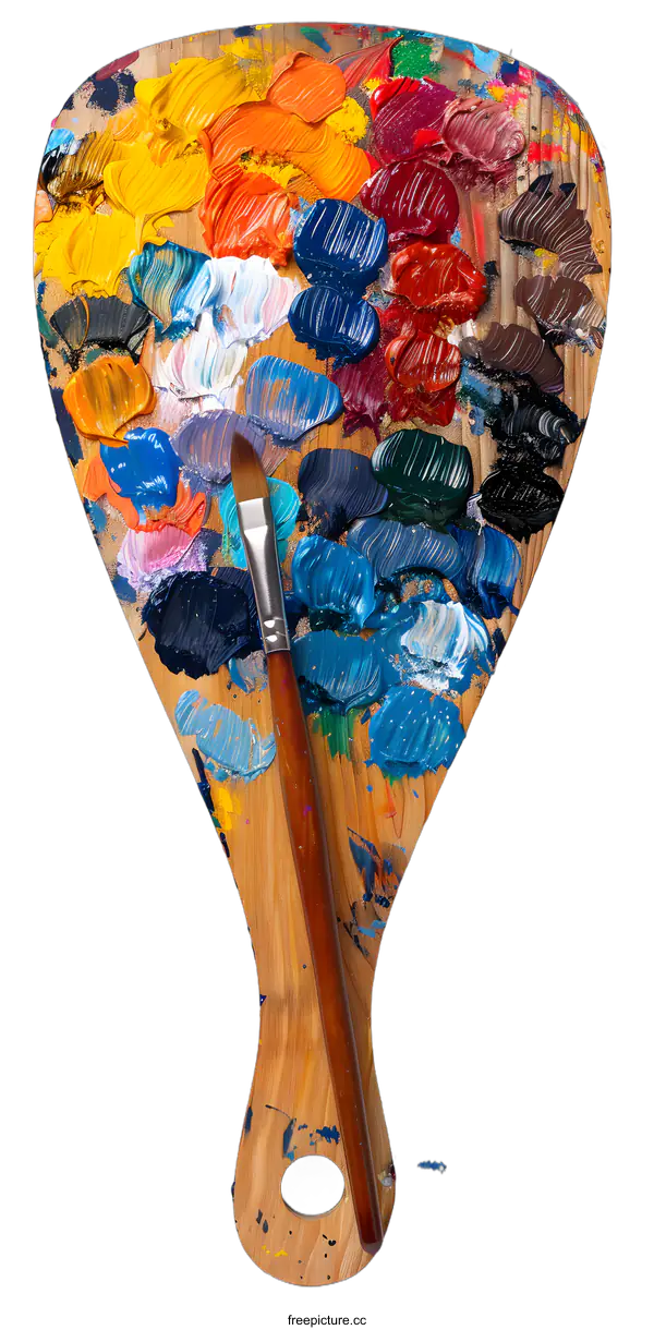 [Transparent Background PNG]Wooden Artists Palette with Oil Paint and a Paintbrush