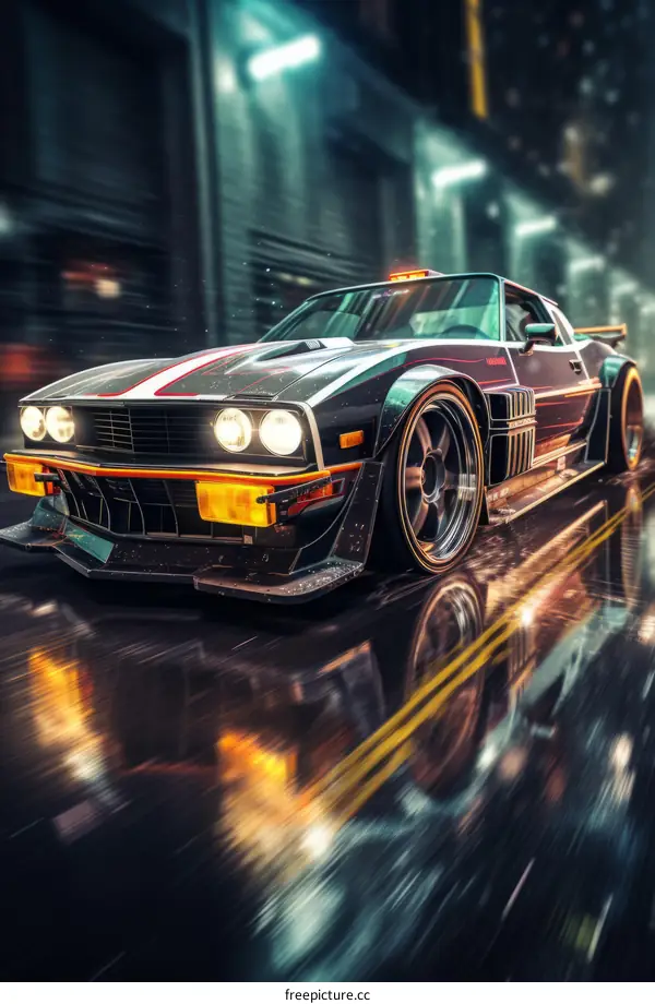 Retro Futuristic Car in Rain-Soaked City