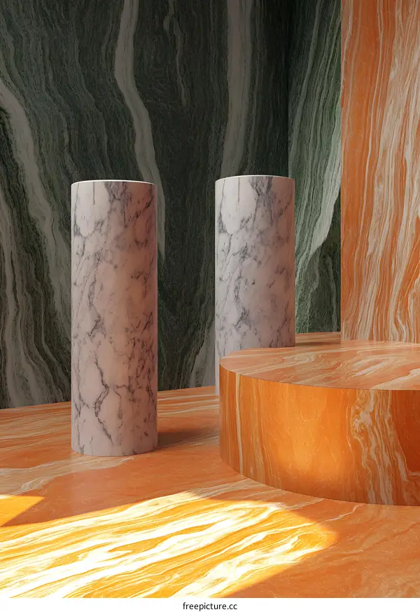 Abstract 3D Render of Two White Marble Cylinders and Orange Platform Against Green and Orange Marble Wall