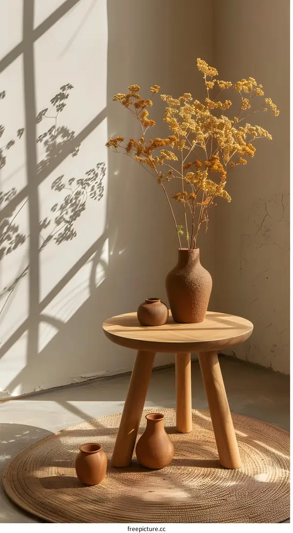 Dried Flowers in a Vase on a Wooden Table