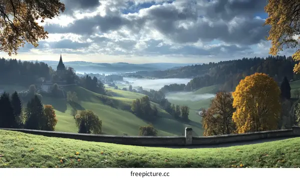 Autumnal Scenic View of Hills and Church