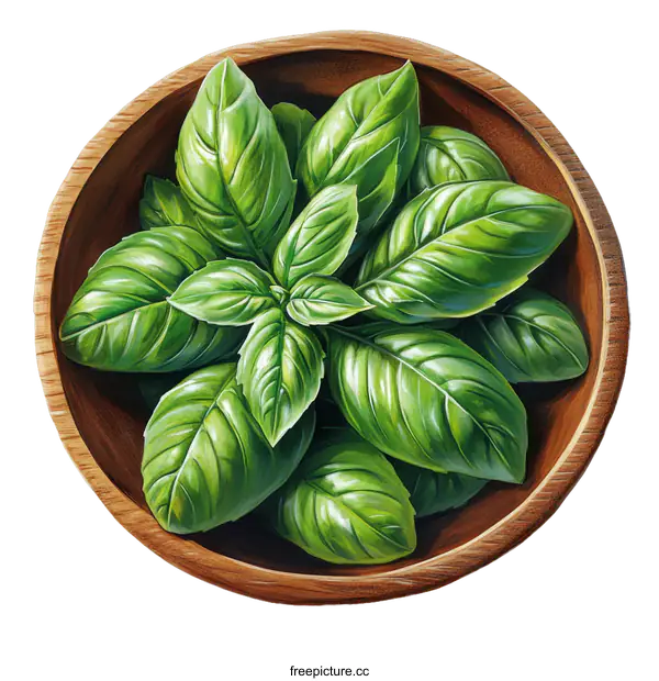 [Transparent Background PNG]Fresh Basil Bunch in Wooden Bowl Illustration
