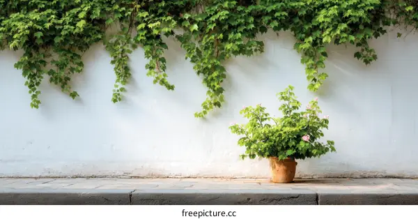White Wall with Ivy and Flowers