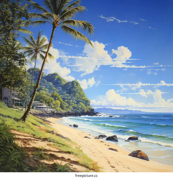 Beachfront house with palm trees