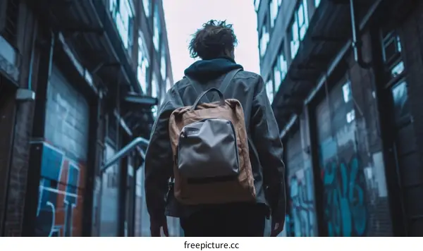 Man in a blue alleyway with graffiti on the walls