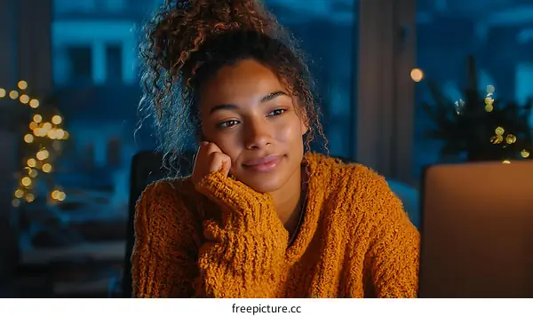 Focused Woman Working on Laptop at Night