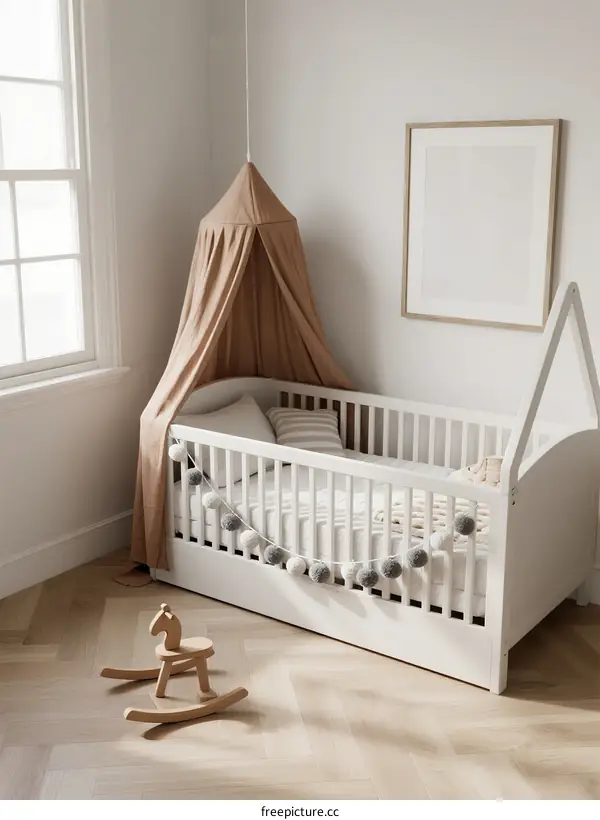 A Cozy White Crib with Canopy and Wooden Rocking Horse in Bright Room