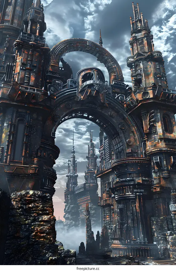 Rusty Metal Archway Leading to a Fantasy City