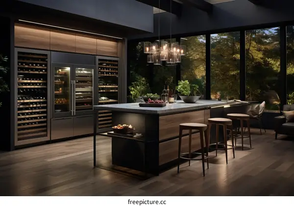 Modern Kitchen Design With Wine Cooler and Bright Windows