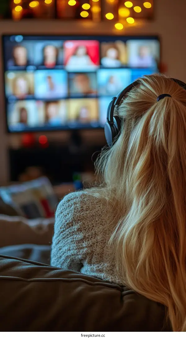 Woman Watching Video Conference on TV