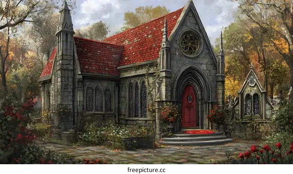 Stone Chapel with Red Roof and Red Door in the Woods