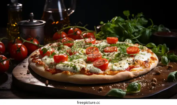 Delicious Pizza with Fresh Tomatoes, Mozzarella and Basil