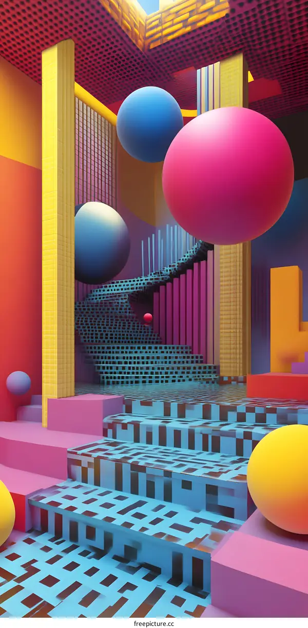 Abstract 3D Colorful Geometric Shapes And Staircase Illustration