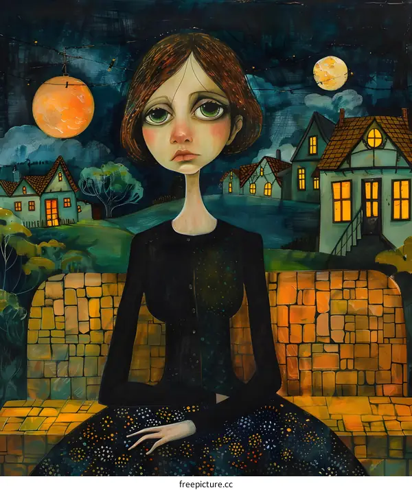 A girl is sitting on a bench in a surreal village with two moons in the sky
