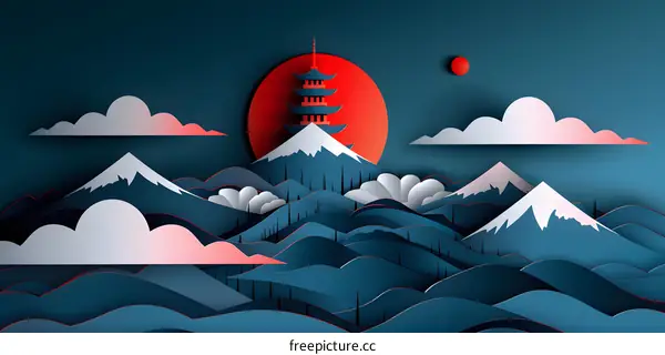 Paper cut style Japanese mountain landscape