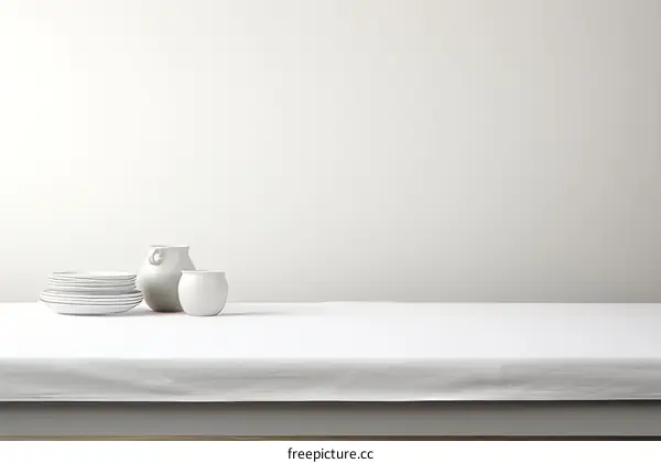 An illustration of a table with a vase and plates on it