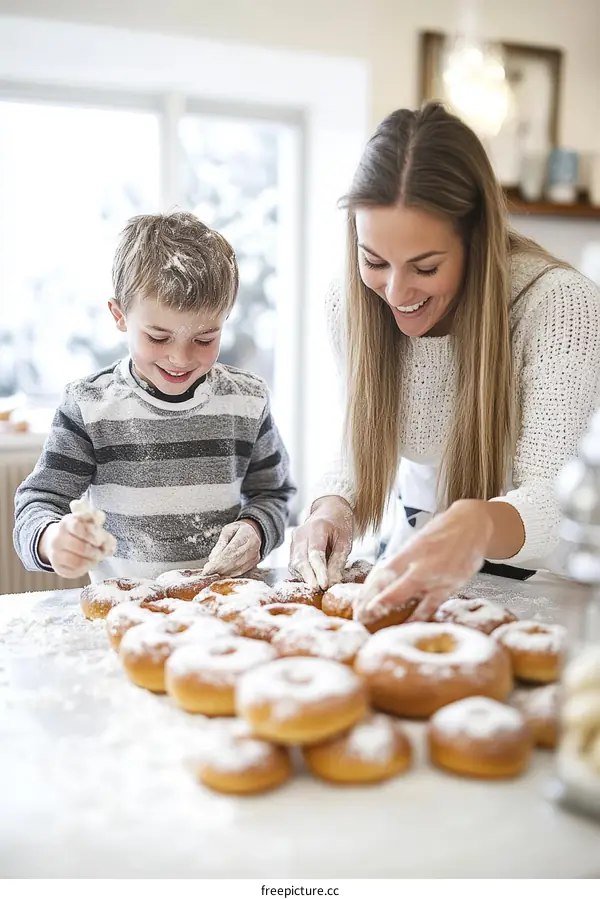 Mother and Son Baking Homemade Donuts
