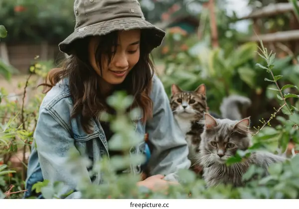 A young woman is petting a cat in a garden.