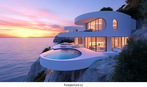 Modern Cliffside Villa with Infinity Pool at Sunset