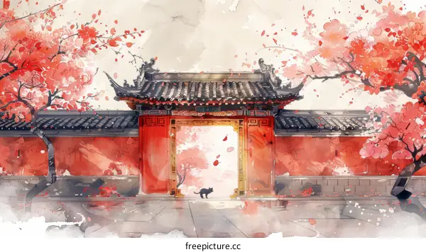 A black cat walking through a gate under a pink cherry blossom tree